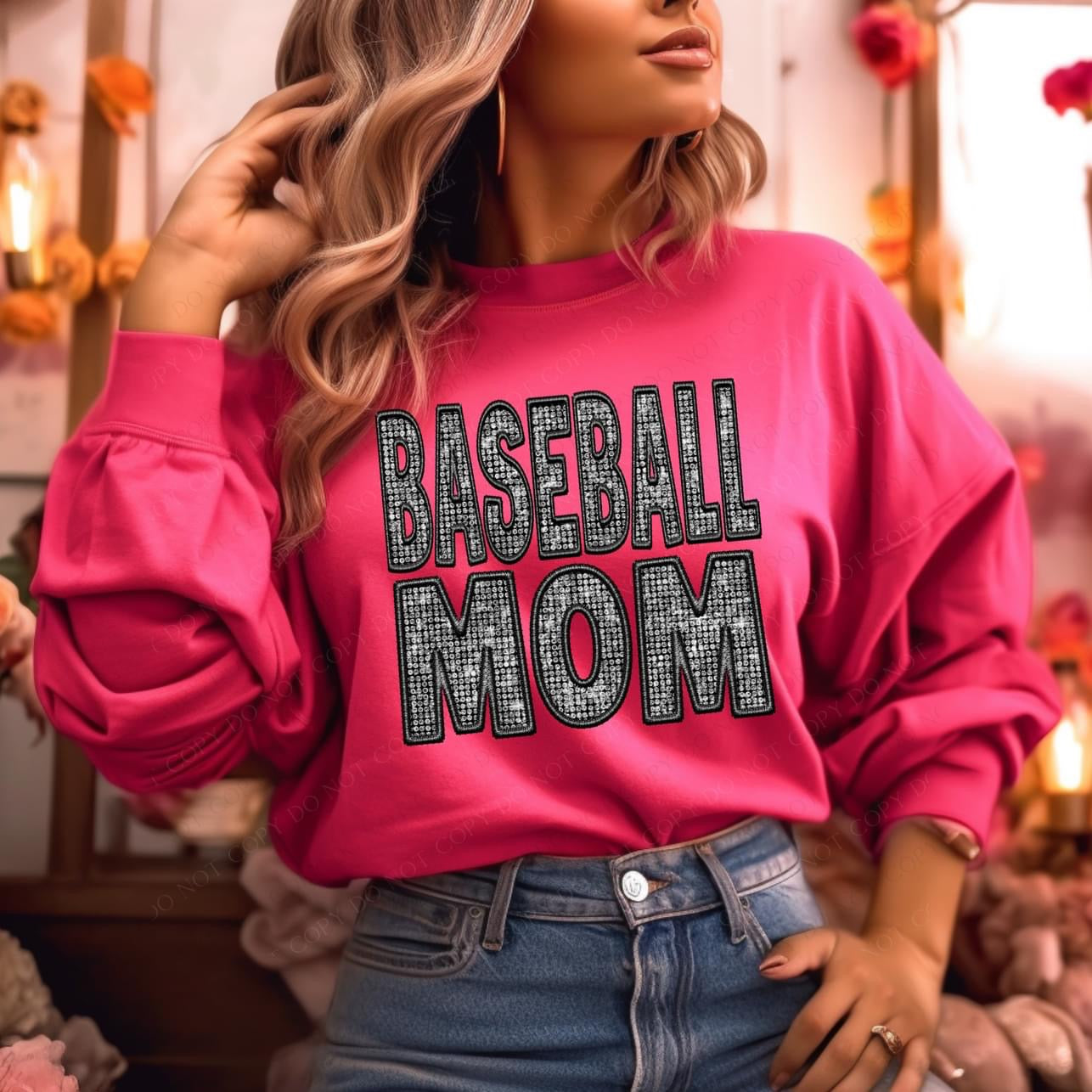 BASEBALL MOM -Diamond Bling Faux Embroidery Crewneck