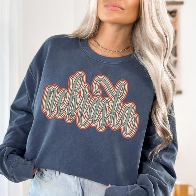 Nebraska Boho Scroll Stacked Distressed Crewneck