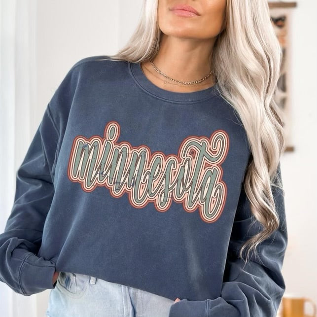 Minnesota Boho Scroll Stacked Distressed Crewneck