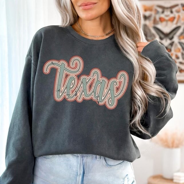 Texas Boho Scroll Stacked Distressed Crewneck