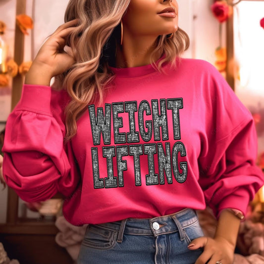 Weightlifting Diamond Bling Faux Embroidery Crewneck