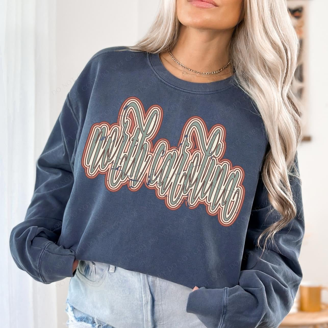 North Carolina Boho Scroll Stacked Distressed Crewneck