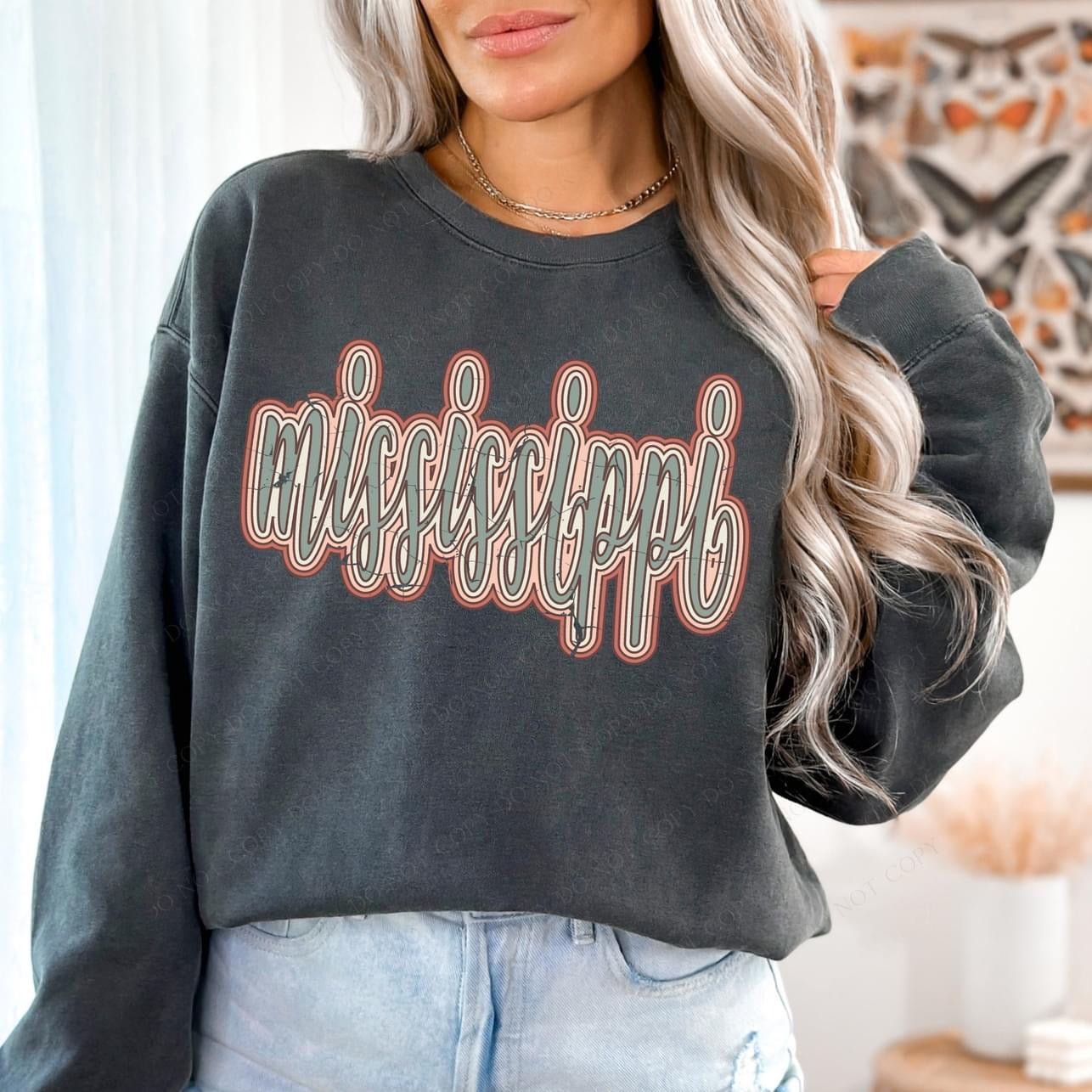 Mississippi Boho Scroll Stacked Distressed Crewneck