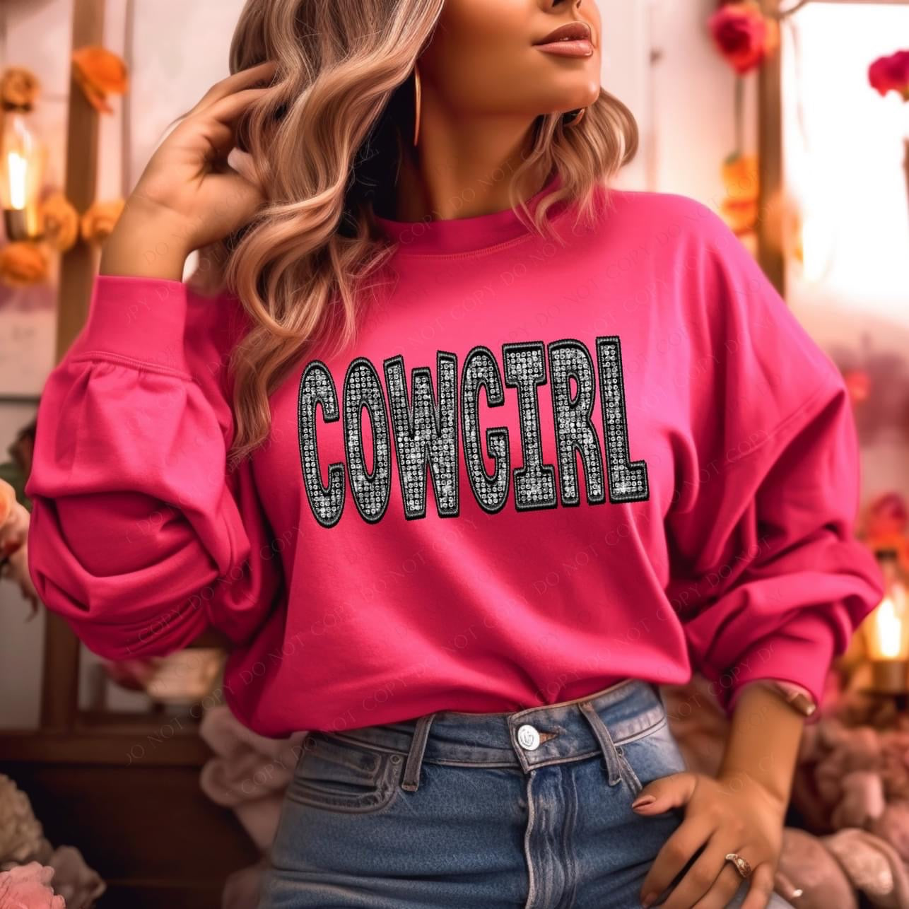 COWGIRL-Diamond Bling Faux Embroidery Crewneck