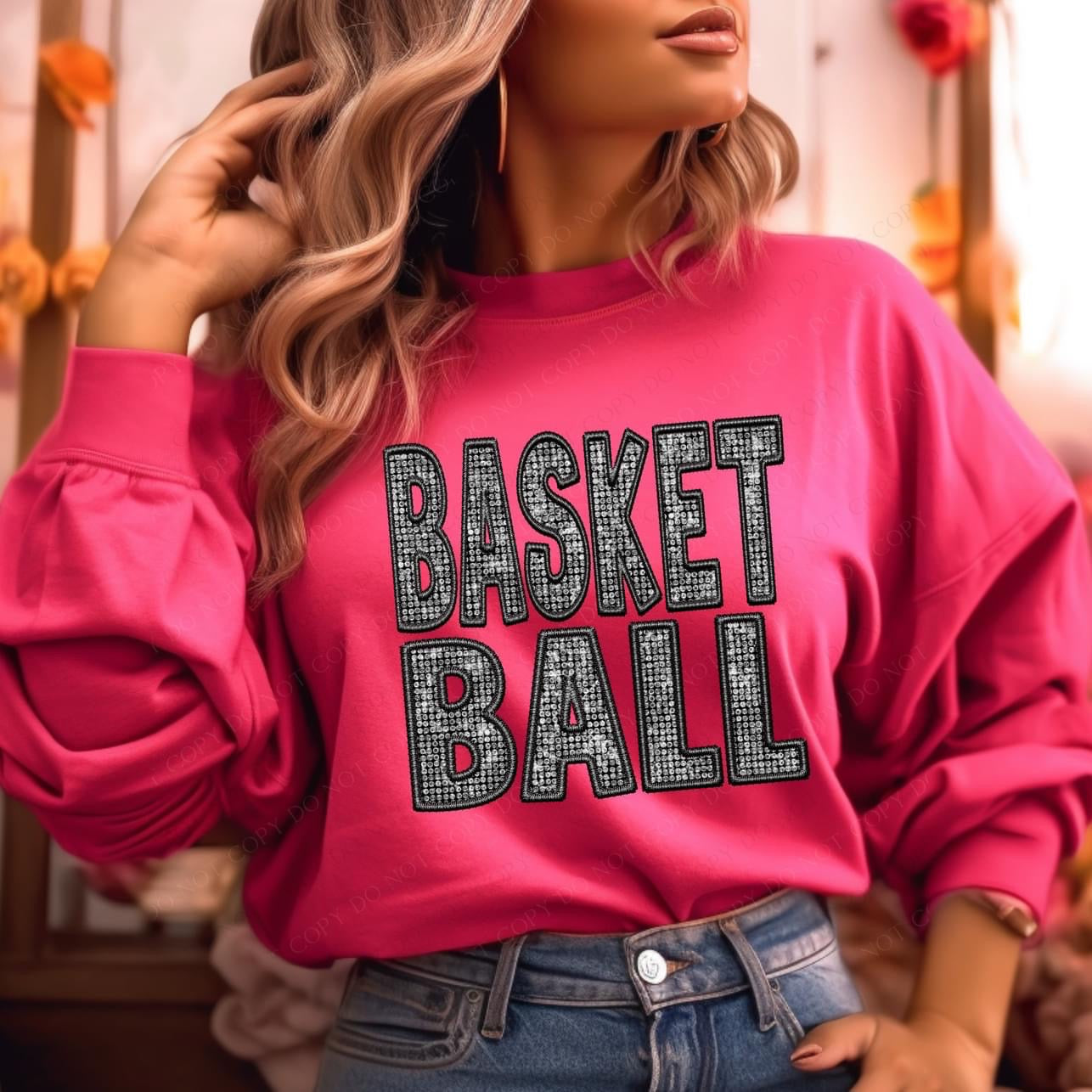 Basketball Diamond Bling Faux Embroidery Crewneck