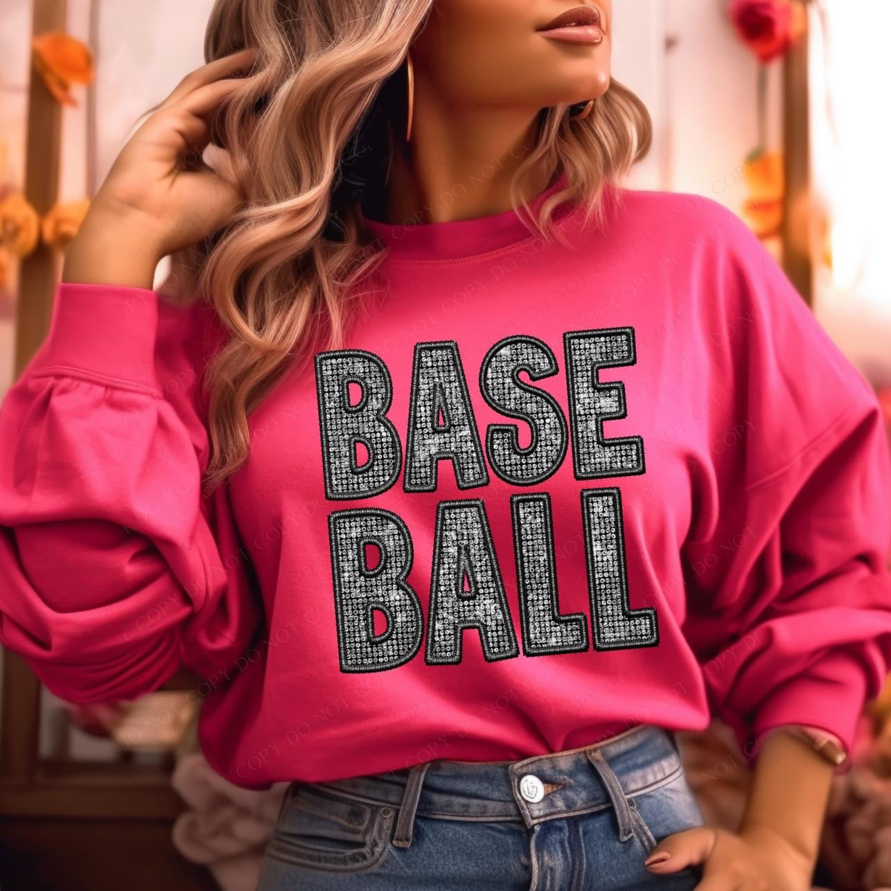 BASEBALL-Diamond Bling Faux Embroidery Crewneck