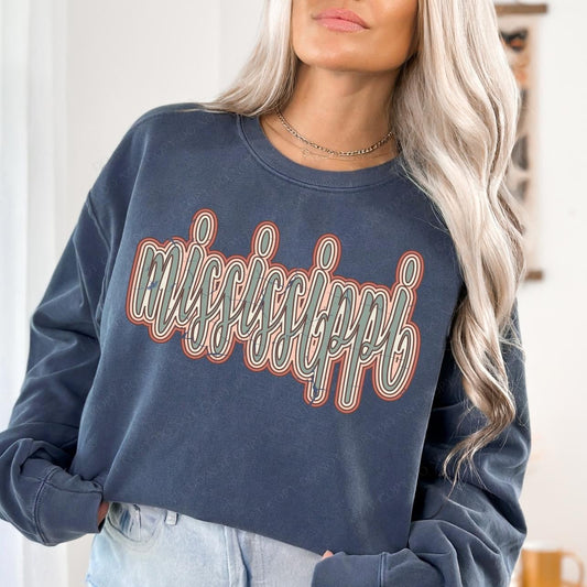 Mississippi Boho Scroll Stacked Distressed Crewneck