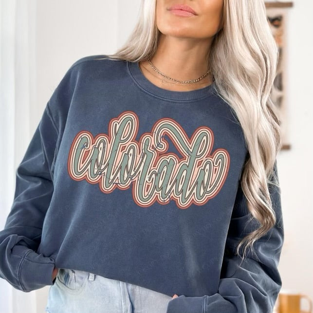 Colorado Boho Scroll Stacked Distressed Crewneck