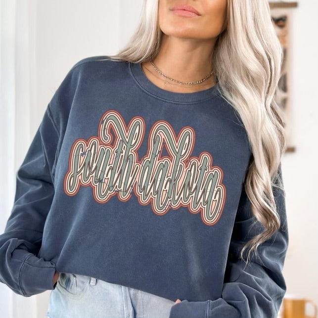 South Dakota Boho Scroll Stacked Distressed Crewneck