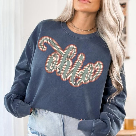 Ohio Boho Scroll Stacked Distressed Crewneck