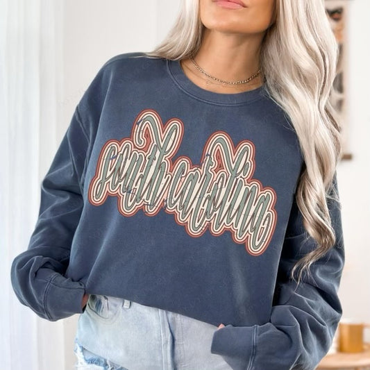 South Carolina Boho Scroll Stacked Distressed Crewneck