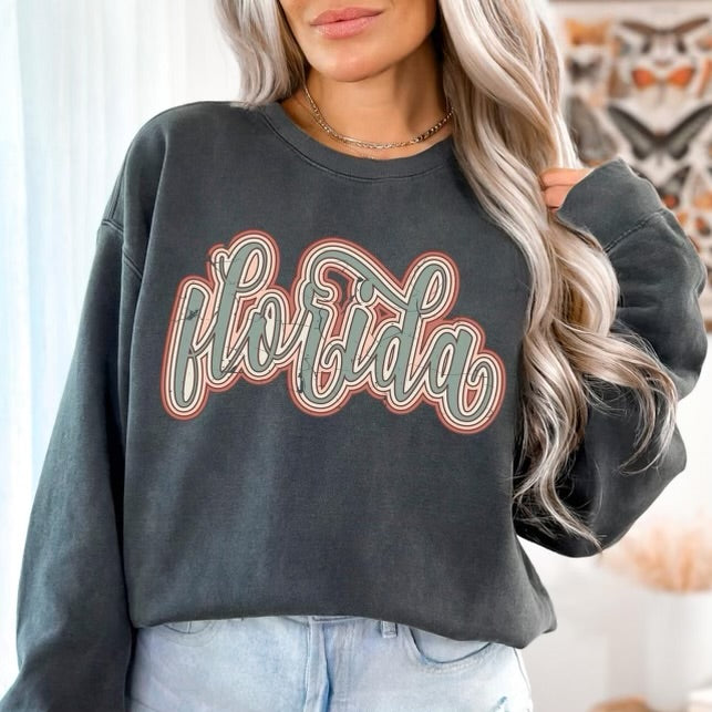 Florida Boho Scroll Stacked Distressed Crewneck