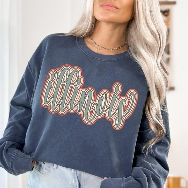 Illinois Boho Scroll Stacked Distressed Crewneck