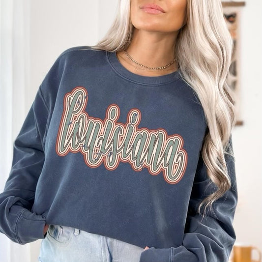 Louisiana Boho Scroll Stacked Distressed Crewneck