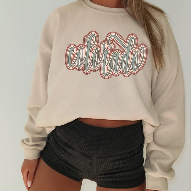 Colorado Boho Scroll Stacked Distressed Crewneck