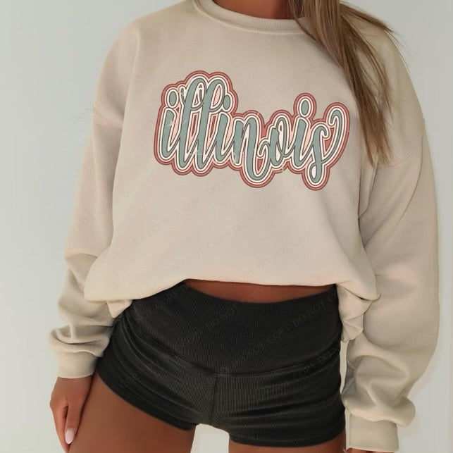 Illinois Boho Scroll Stacked Distressed Crewneck