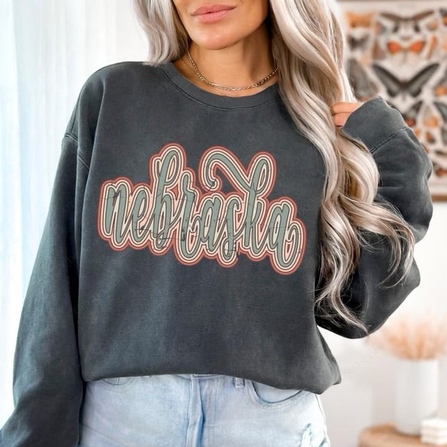 Nebraska Boho Scroll Stacked Distressed Crewneck