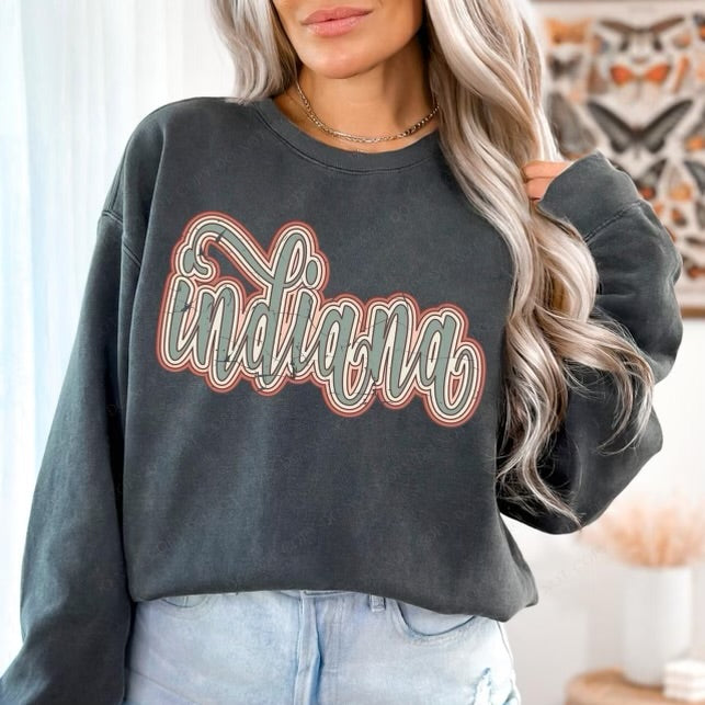 Indiana Boho Scroll Stacked Distressed Crewneck