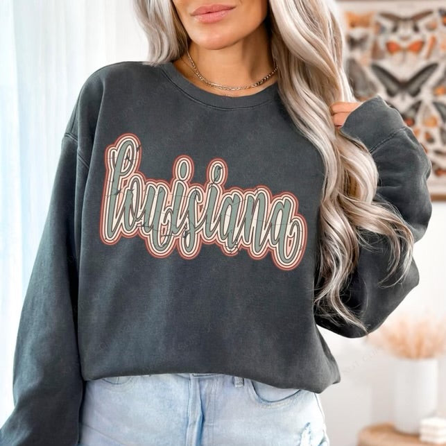 Louisiana Boho Scroll Stacked Distressed Crewneck