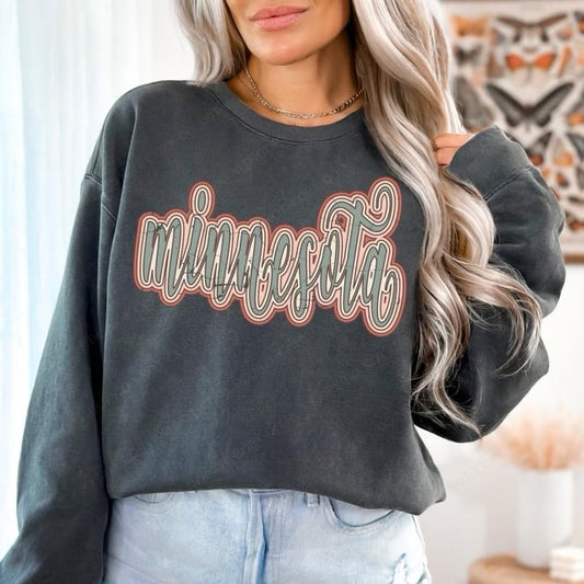 Minnesota Boho Scroll Stacked Distressed Crewneck