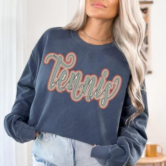 Tennis Boho Scroll Stacked Distressed Crewneck