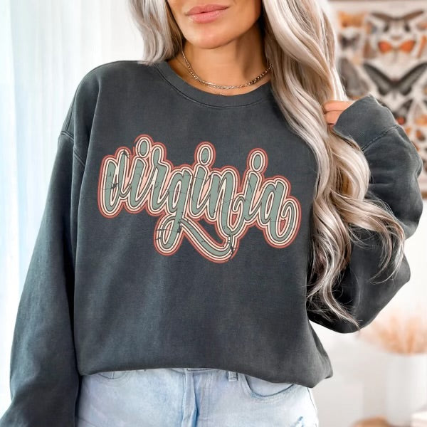 Virginia Boho Scroll Stacked Distressed Crewneck